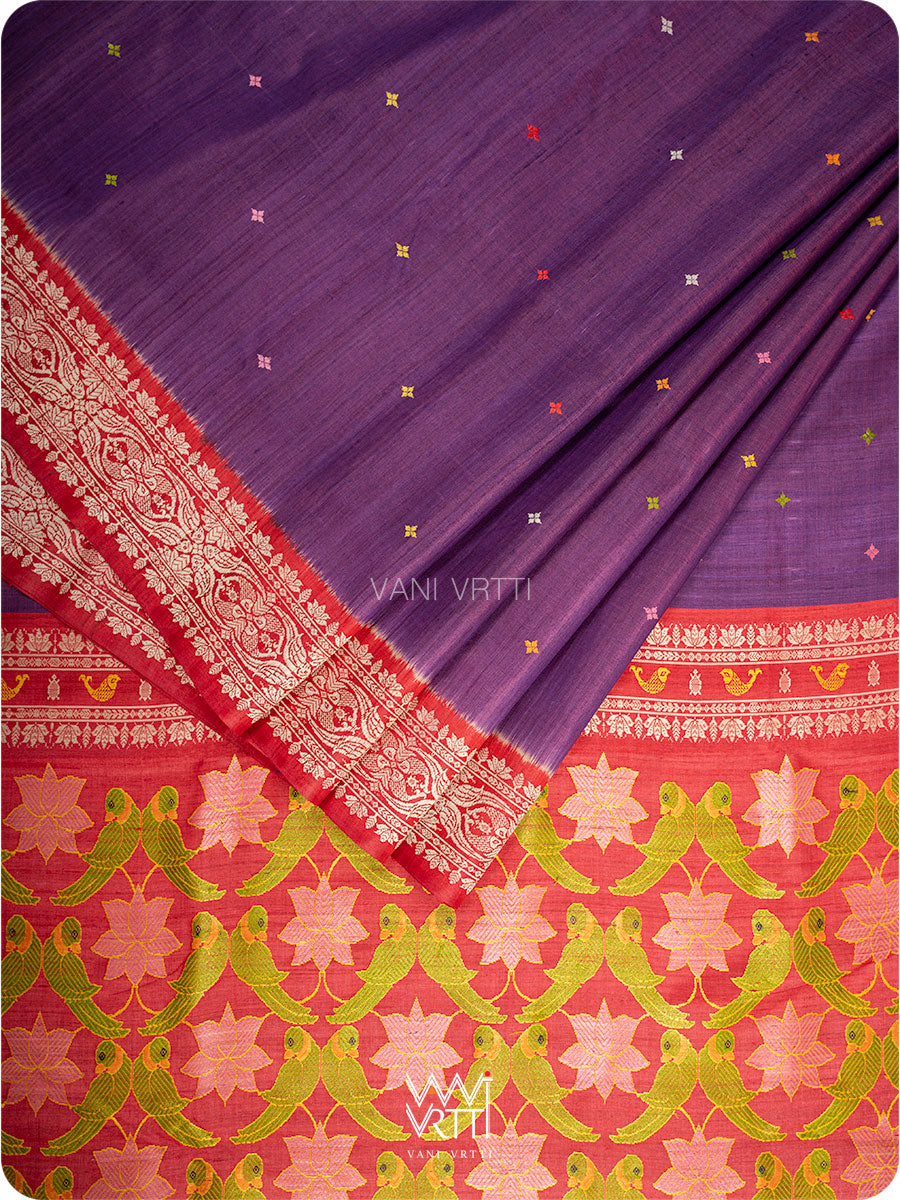 Purple Red Lotus Parrot Jaal Designer Exclusive Handspun Handwoven Tussar Silk Saree