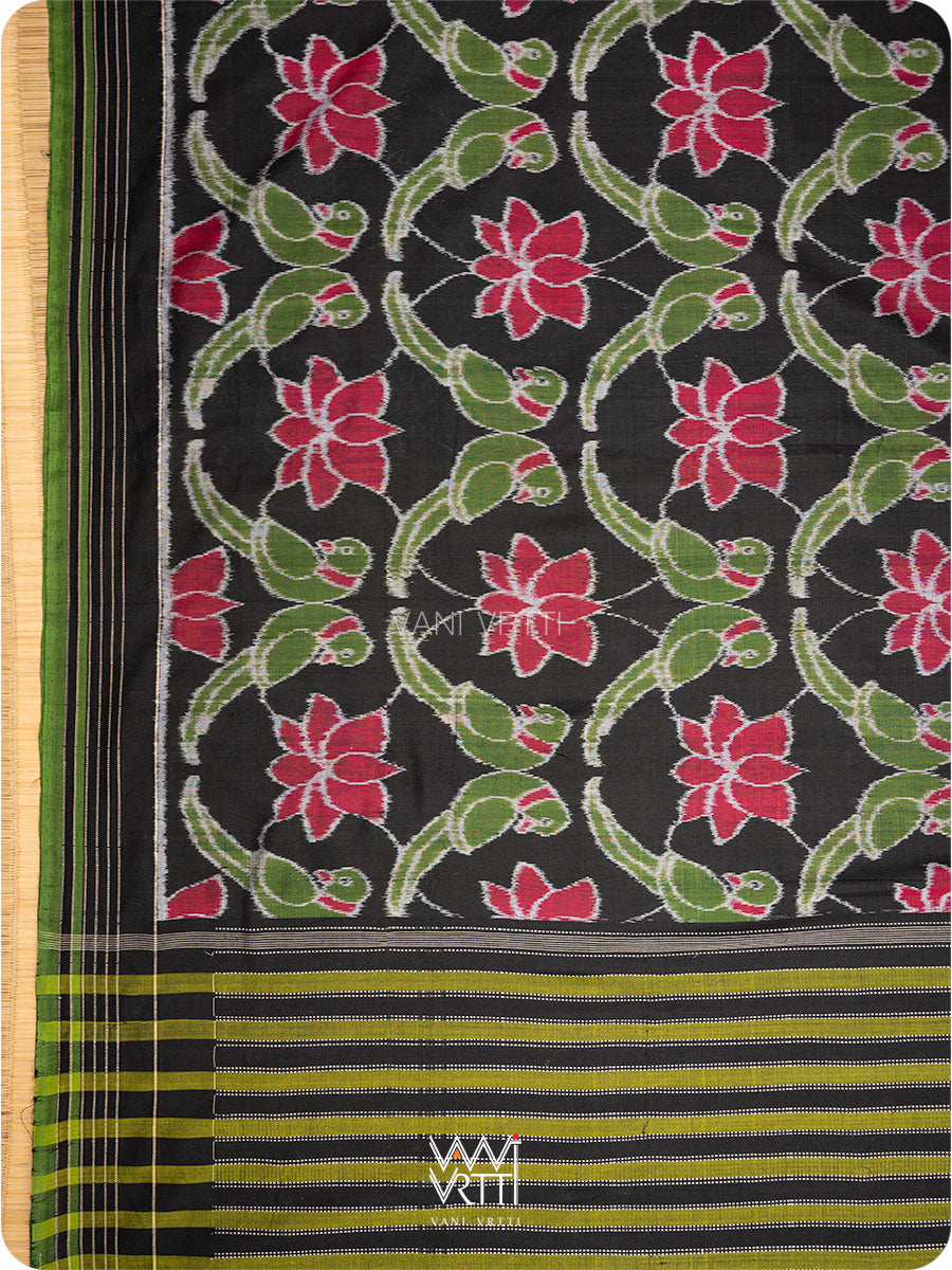 Black Lotus Parrot Fine Cotton Ikat Sari