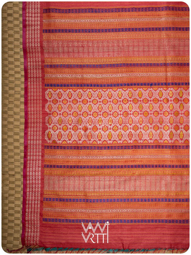 Tomato Red Matsya Kachhap Handspun Tussar Silk Saree
