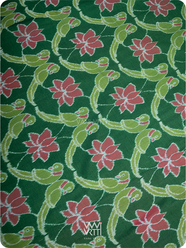 Fern Green Red Lotus Parrot Fine Cotton Ikat Saree