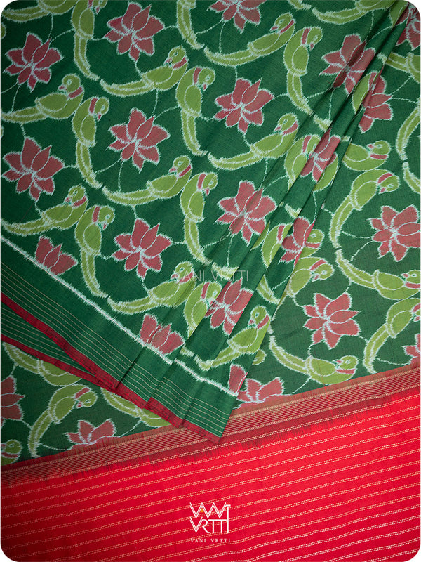Fern Green Red Lotus Parrot Fine Cotton Ikat Saree