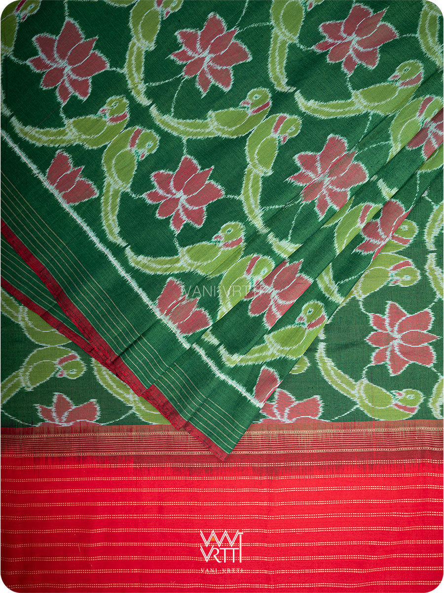 Fern Green Red Lotus Parrot Fine Cotton Ikat Saree