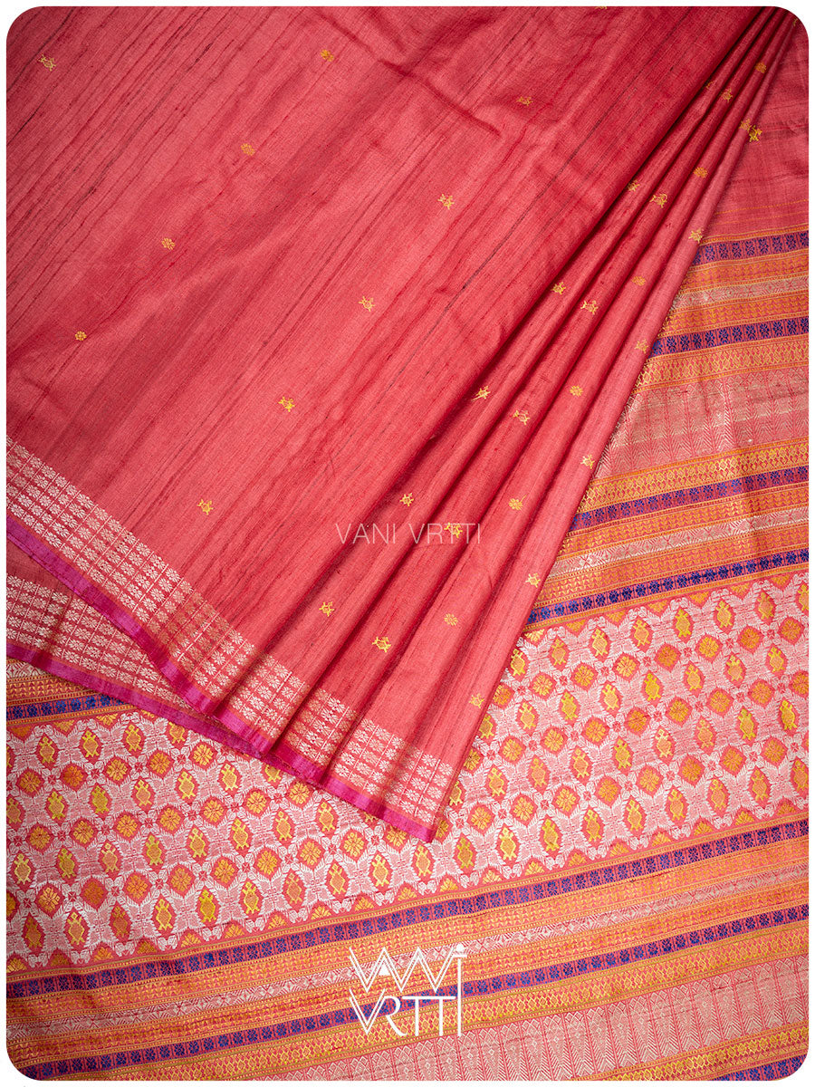 Tomato Red Matsya Kachhap Handspun Tussar Silk Saree