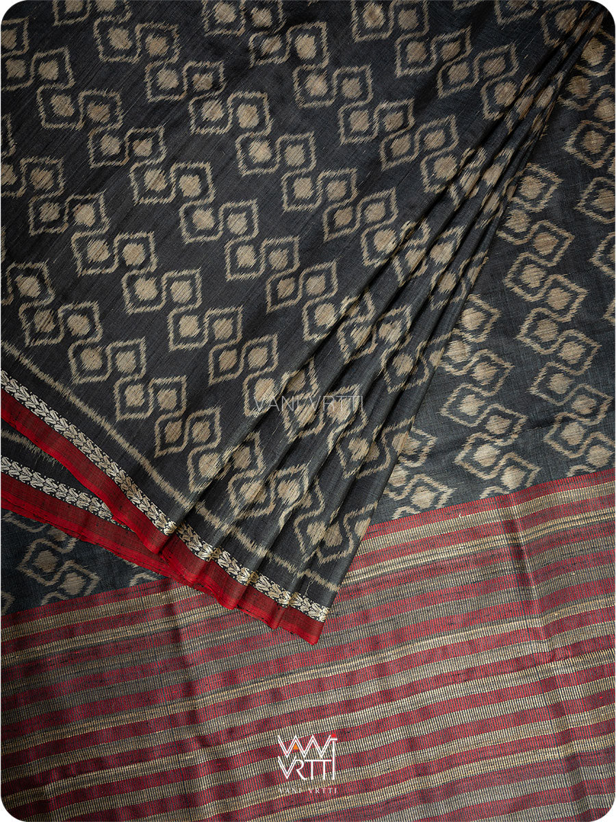 Black Santati Ikat Handspun Tussar Silk Saree