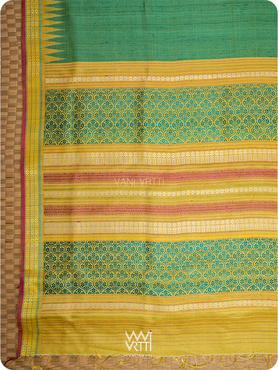Light Teal Green Parijat Handspun Tussar Silk Saree