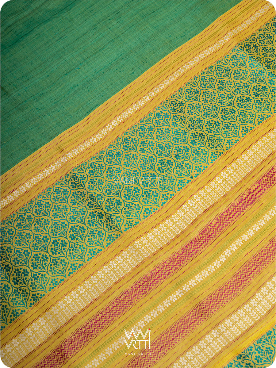Light Teal Green Parijat Handspun Tussar Silk Saree
