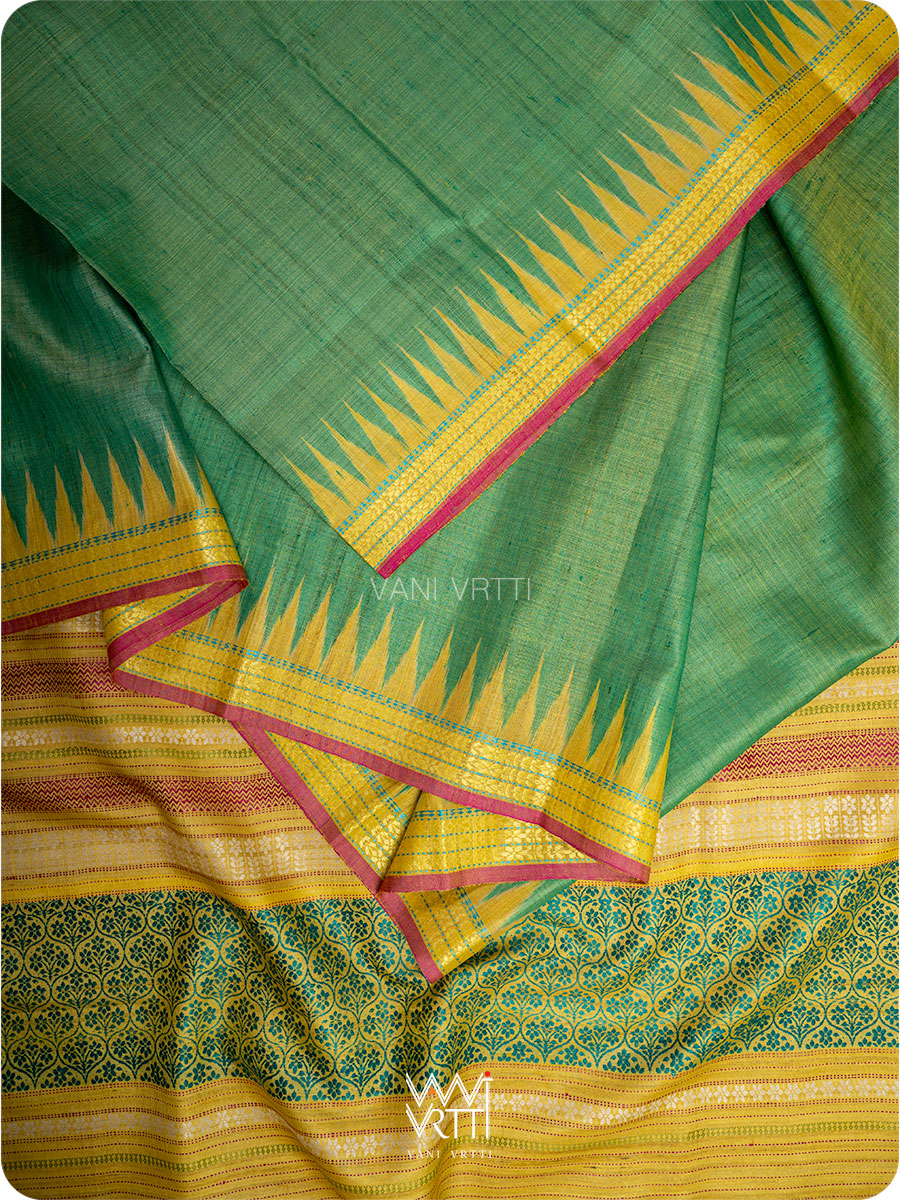 Light Teal Green Parijat Handspun Tussar Silk Saree