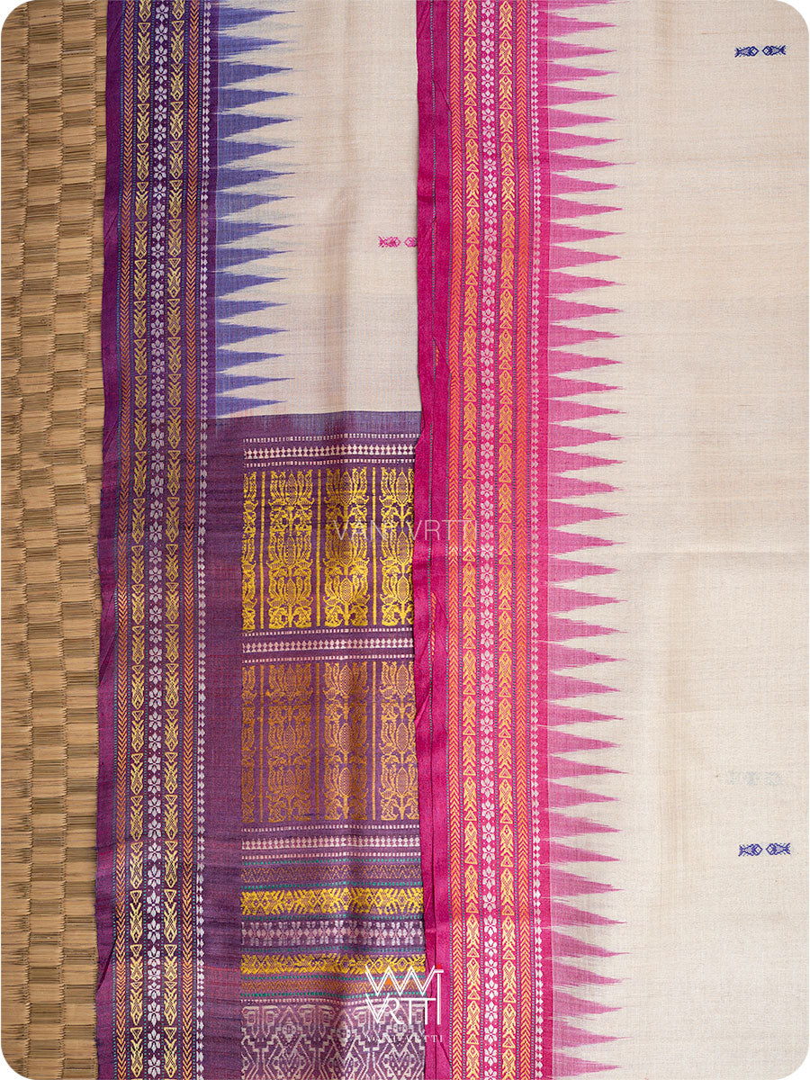 Off White Cream Pink Purple Ganga Jamuna Ananta Handspun Tussar Silk Saree