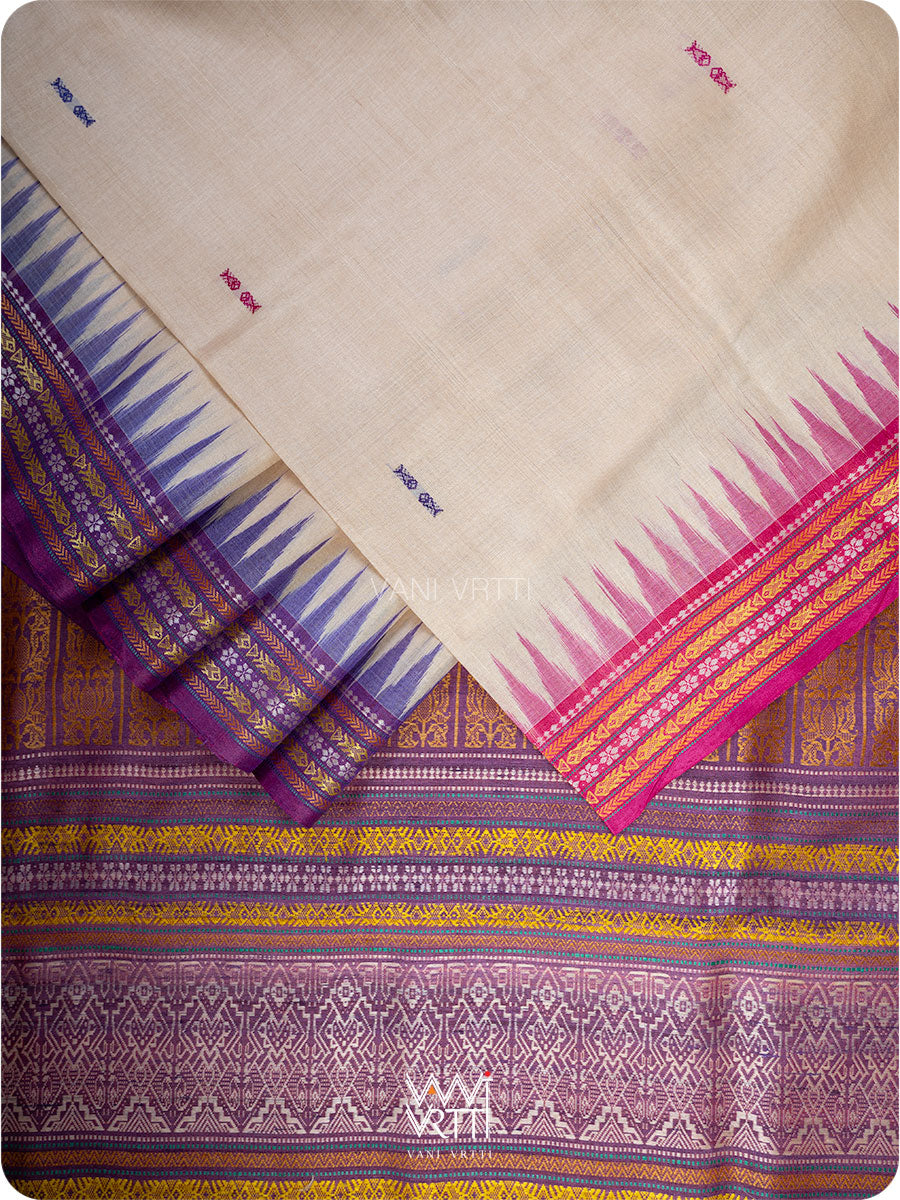 Off White Cream Pink Purple Ganga Jamuna Ananta Handspun Tussar Silk Saree