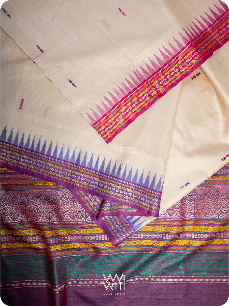 Off White Cream Pink Purple Ganga Jamuna Ananta Handspun Tussar Silk Saree