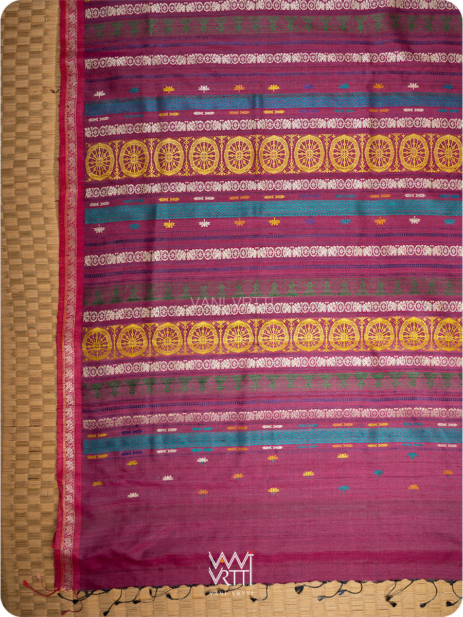 Pallu of deep purple saree with handwoven lotus flowers and Airavata border