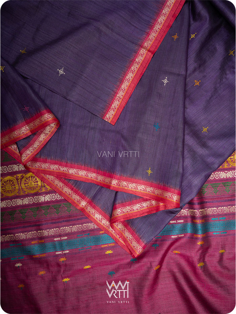 Border detail of Airavata elephant motifs in deep purple tussar silk