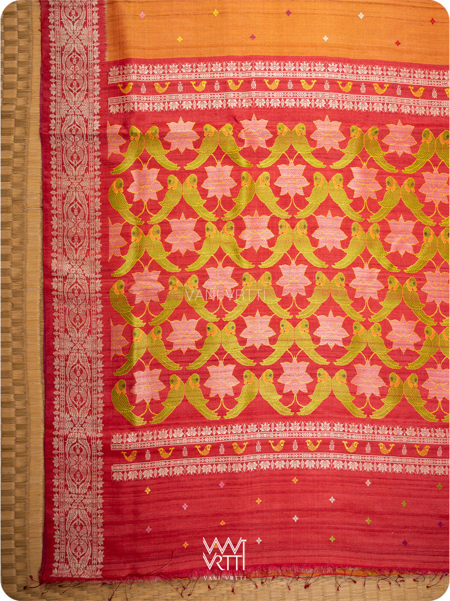 Orange Red Pink Lotus Parrot Jaal Designer Exclusive Handspun Handwoven Tussar Silk Saree