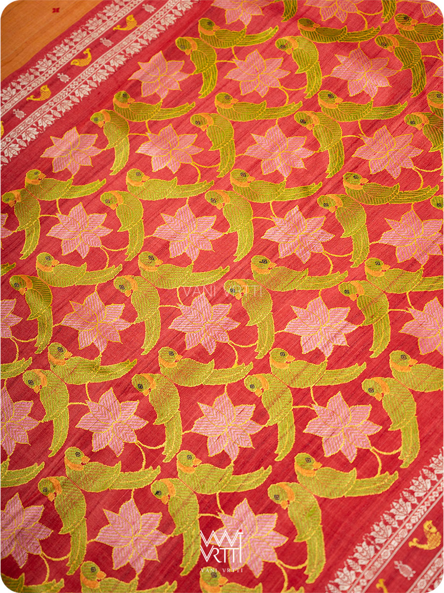 Orange Red Pink Lotus Parrot Jaal Designer Exclusive Handspun Handwoven Tussar Silk Saree