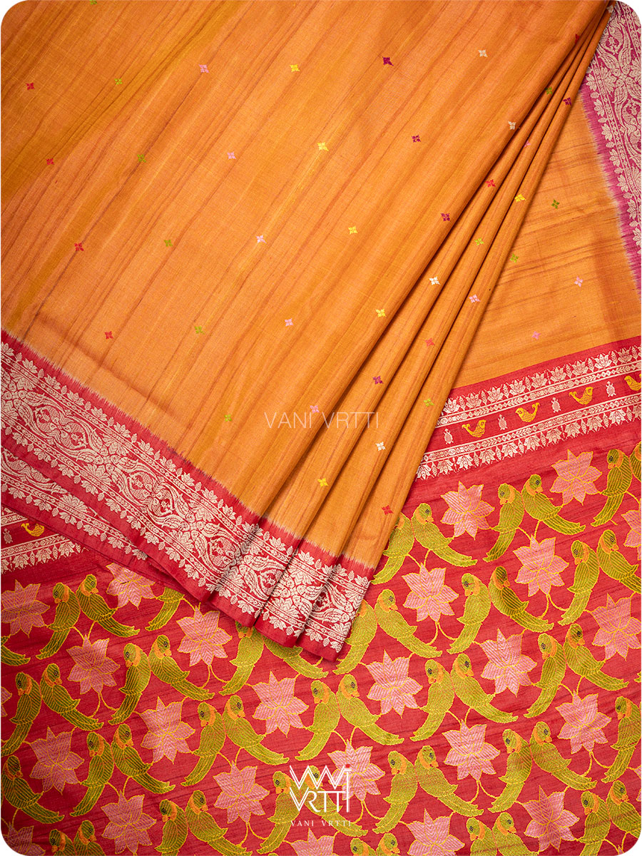 Orange Red Pink Lotus Parrot Jaal Designer Exclusive Handspun Handwoven Tussar Silk Saree