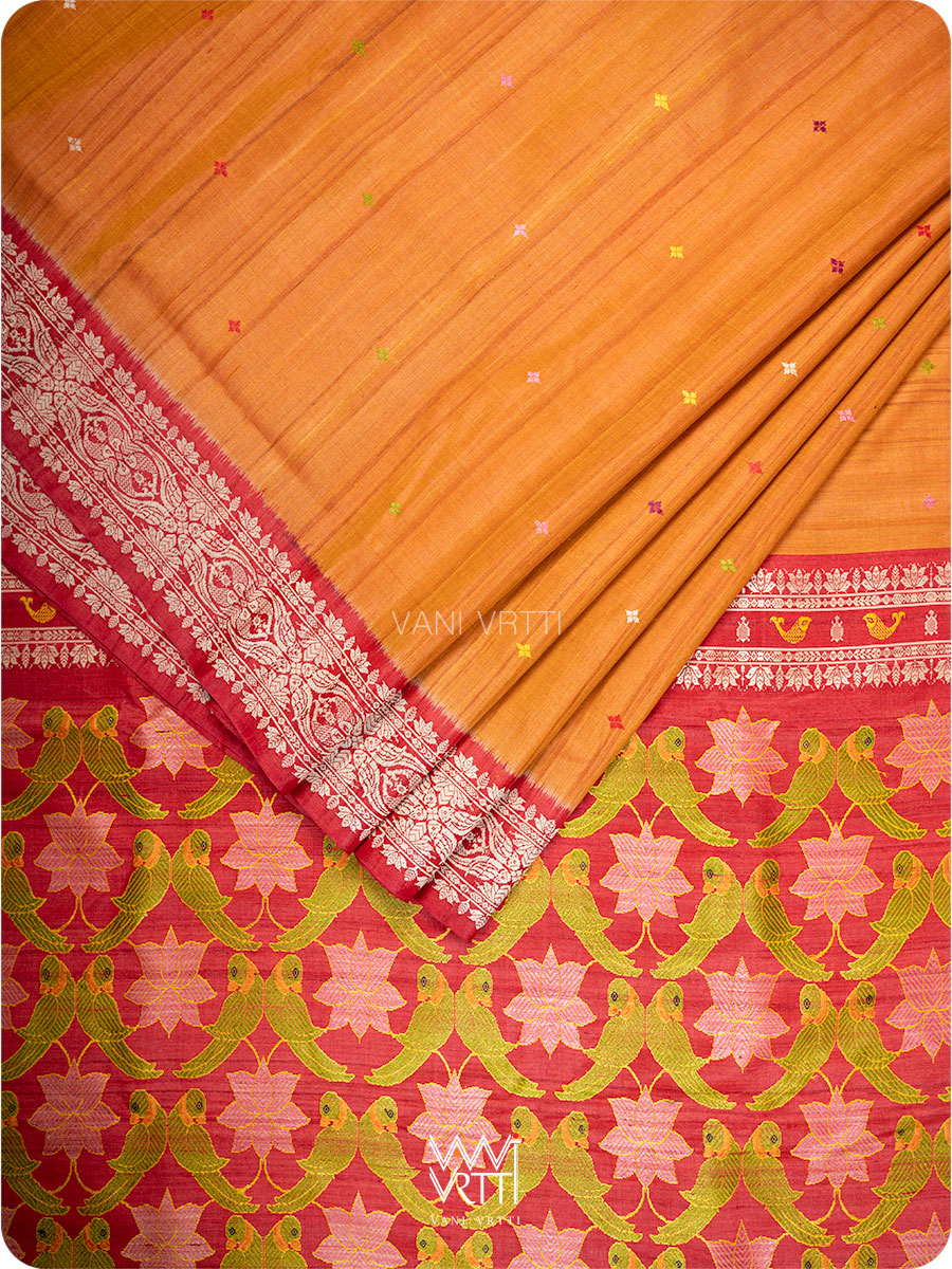 Orange Red Pink Lotus Parrot Jaal Designer Exclusive Handspun Handwoven Tussar Silk Saree