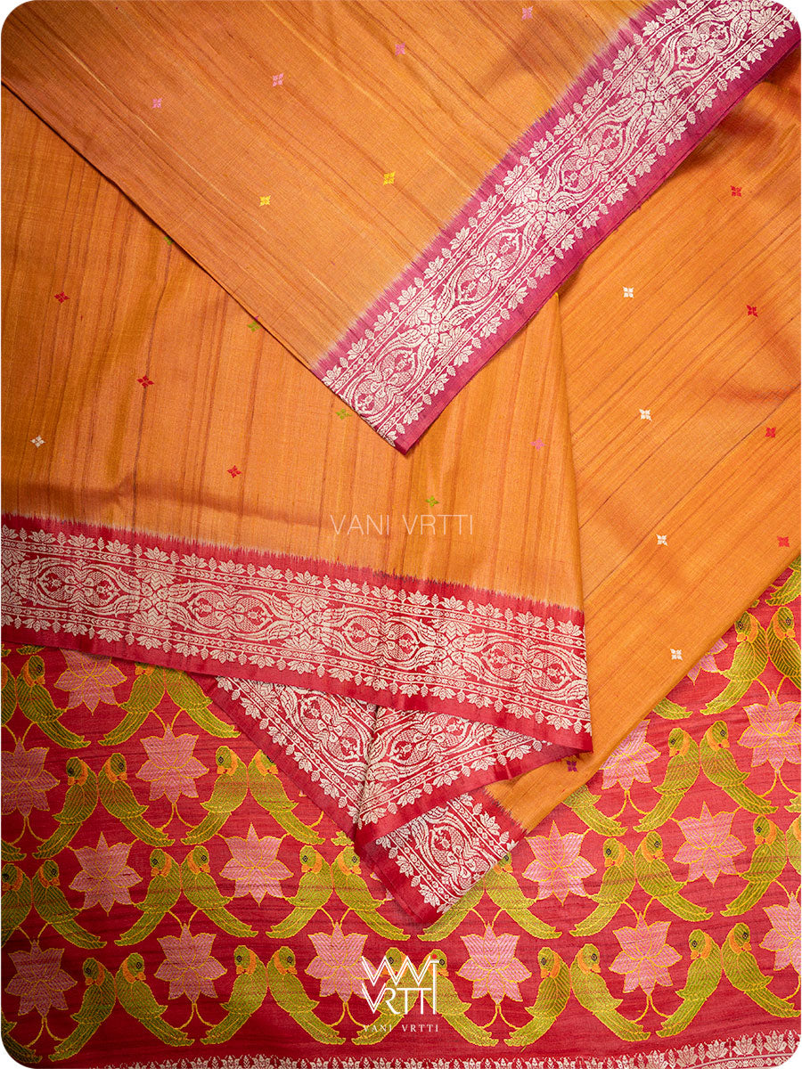 Orange Red Pink Lotus Parrot Jaal Designer Exclusive Handspun Handwoven Tussar Silk Saree