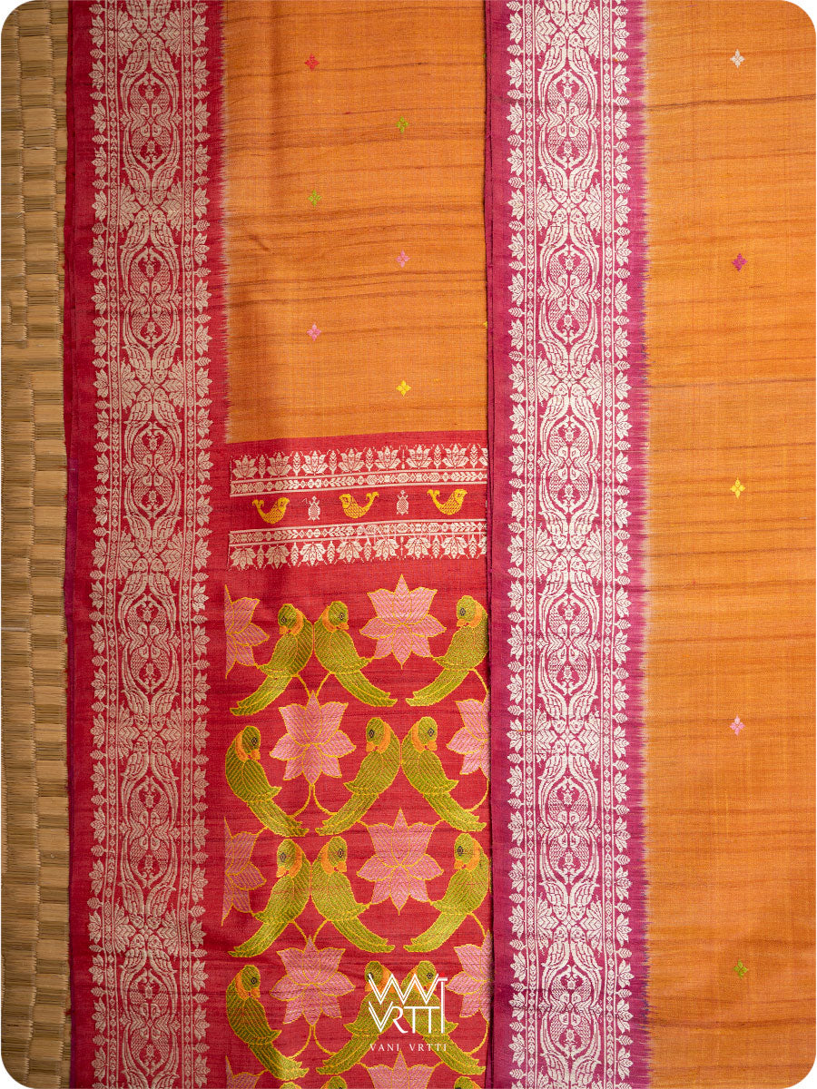 Orange Red Pink Lotus Parrot Jaal Designer Exclusive Handspun Handwoven Tussar Silk Saree