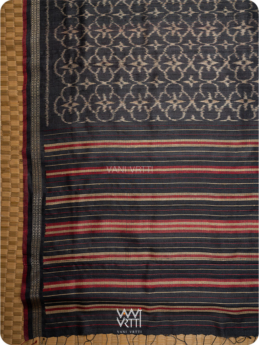Black Red Chrysanthemum Master Weave Designer Handspun Ikat Tussar Silk Sari