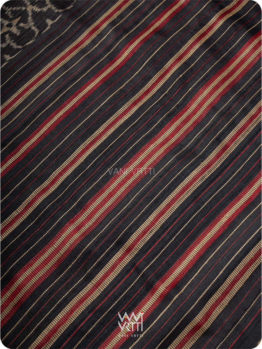 Black Red Chrysanthemum Master Weave Designer Handspun Ikat Tussar Silk Sari