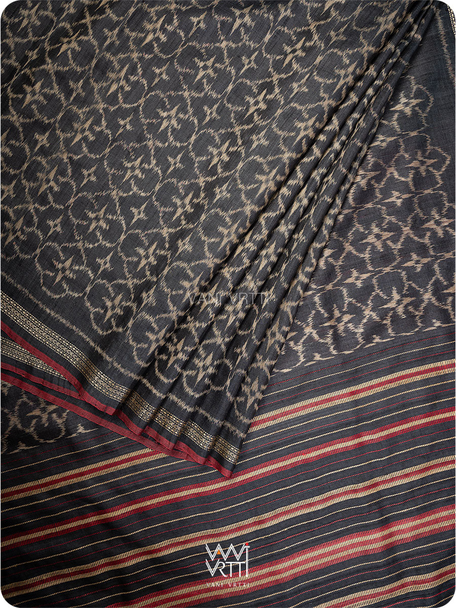 Black Red Chrysanthemum Master Weave Designer Handspun Ikat Tussar Silk Sari