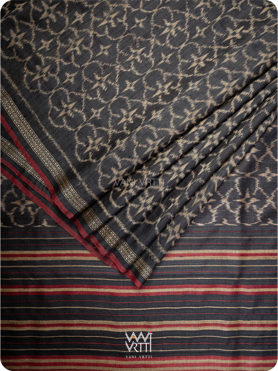 Black Red Chrysanthemum Master Weave Designer Handspun Ikat Tussar Silk Sari