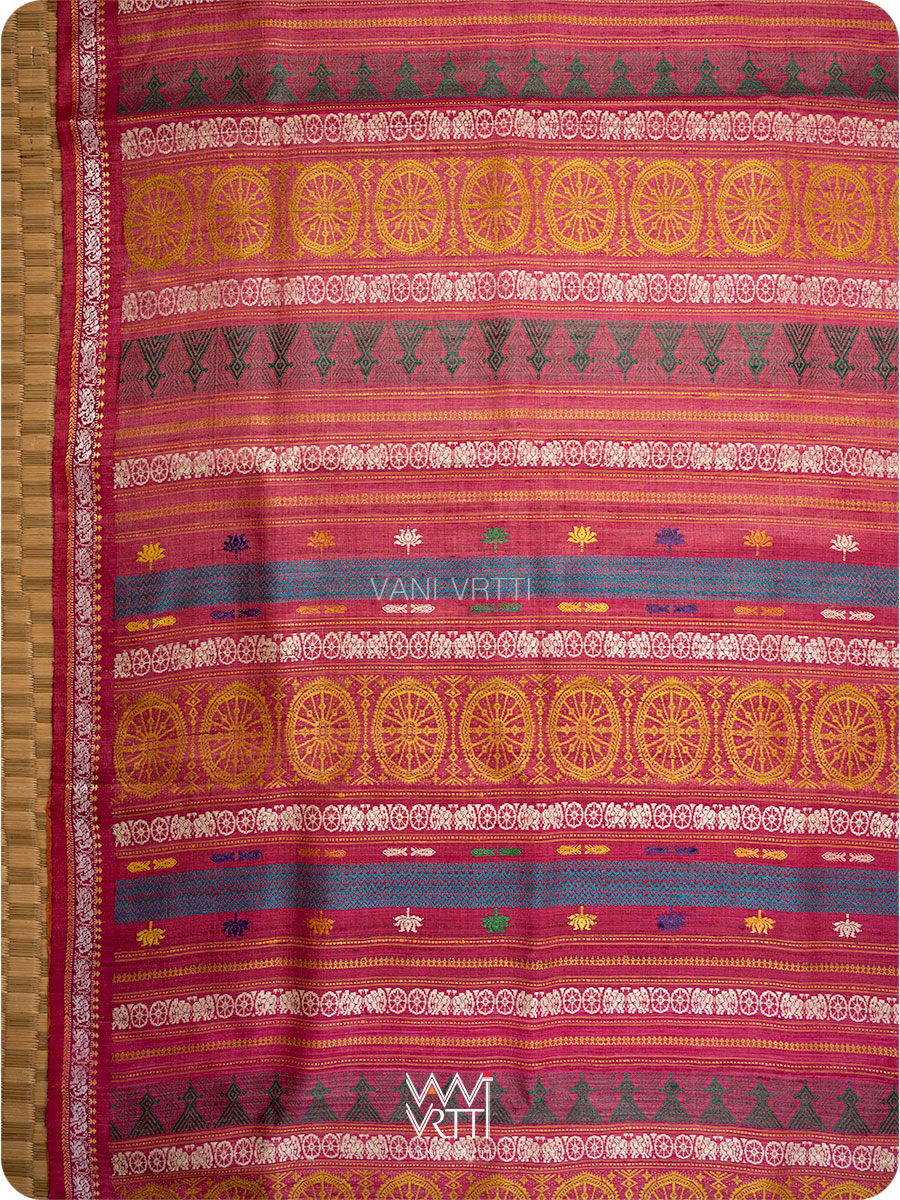 Pallu detail showing lotus flowers and Airavata elephant motifs in tussar silk