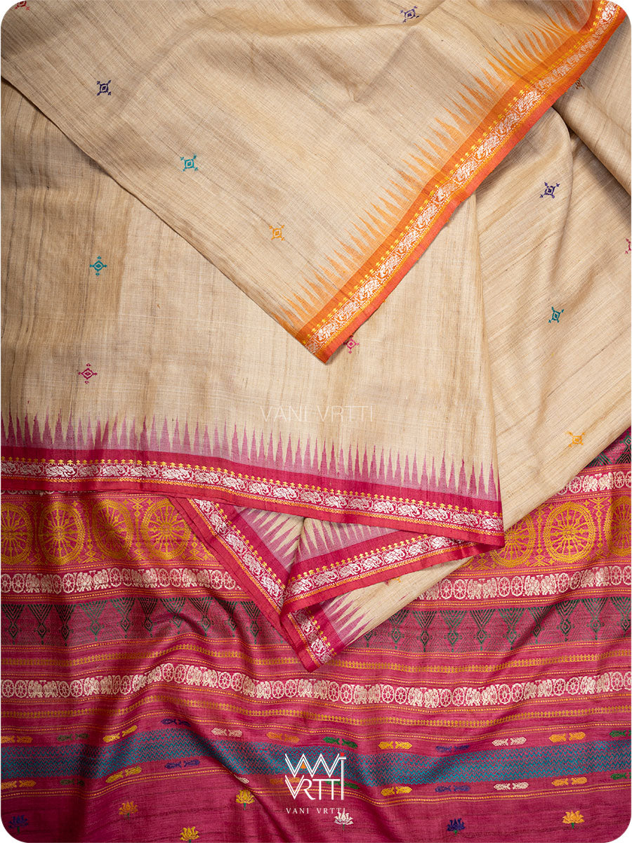 Natural Tussar Pink Orange Airavata Konark Double Palla Handspun Tussar Silk Saree