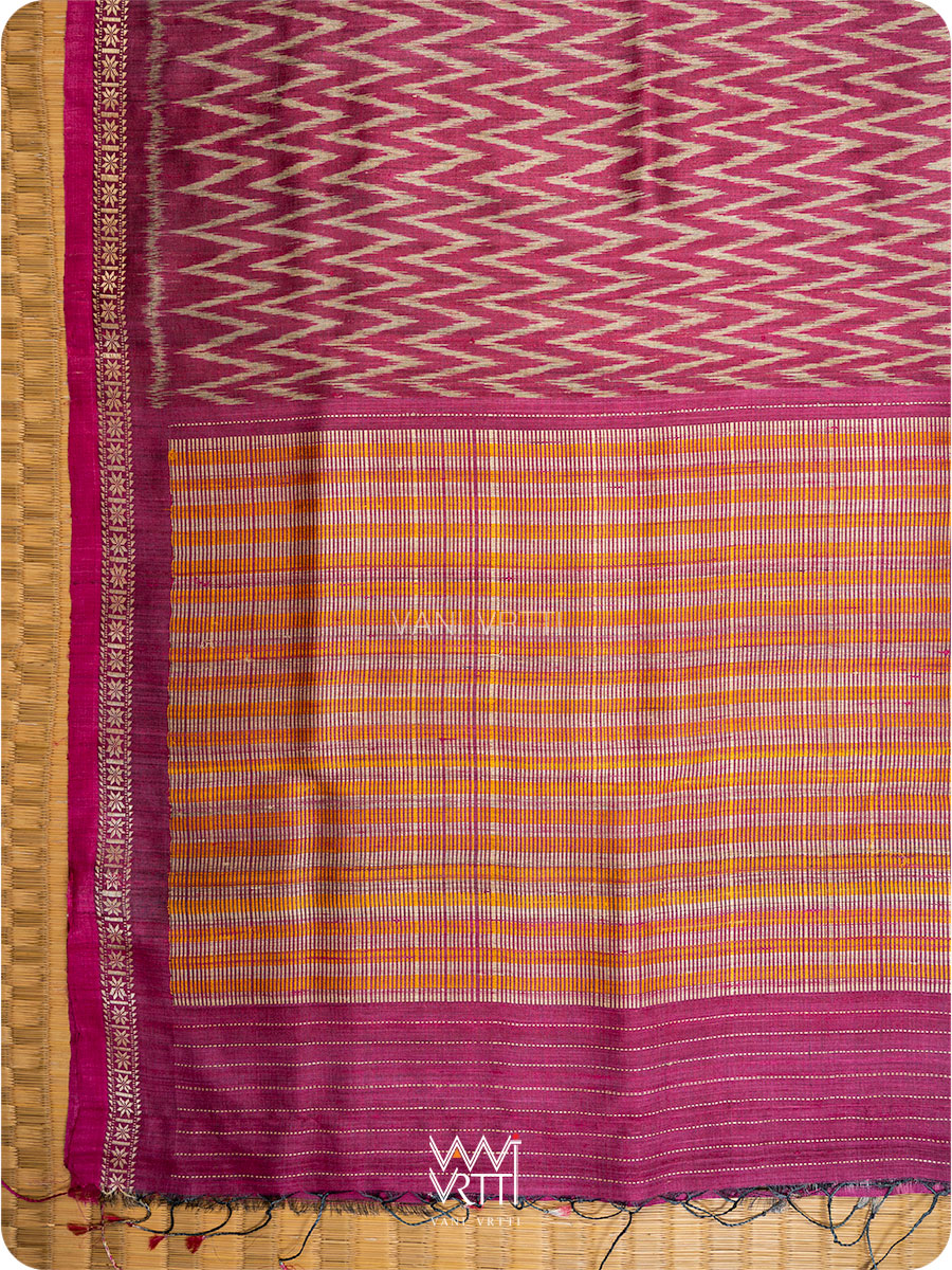 Burgundy Pink Aziz ZigZag Ikat Handspun Tussar Silk Saree