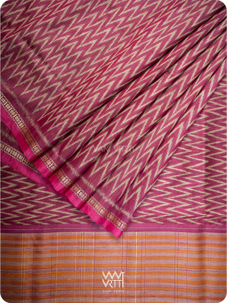 Burgundy Pink Aziz ZigZag Ikat Handspun Tussar Silk Saree