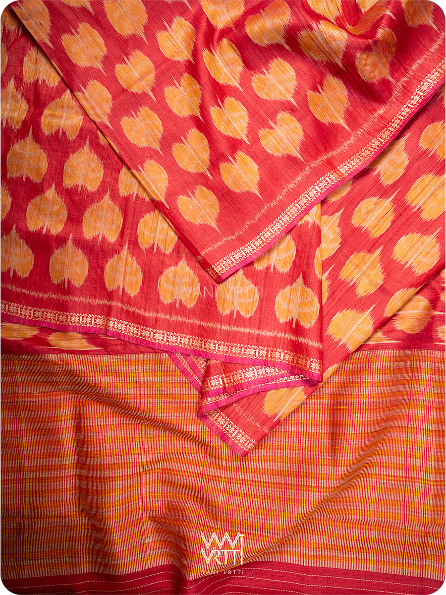 Red Peepal Ikat Handspun Tussar Silk Saree
