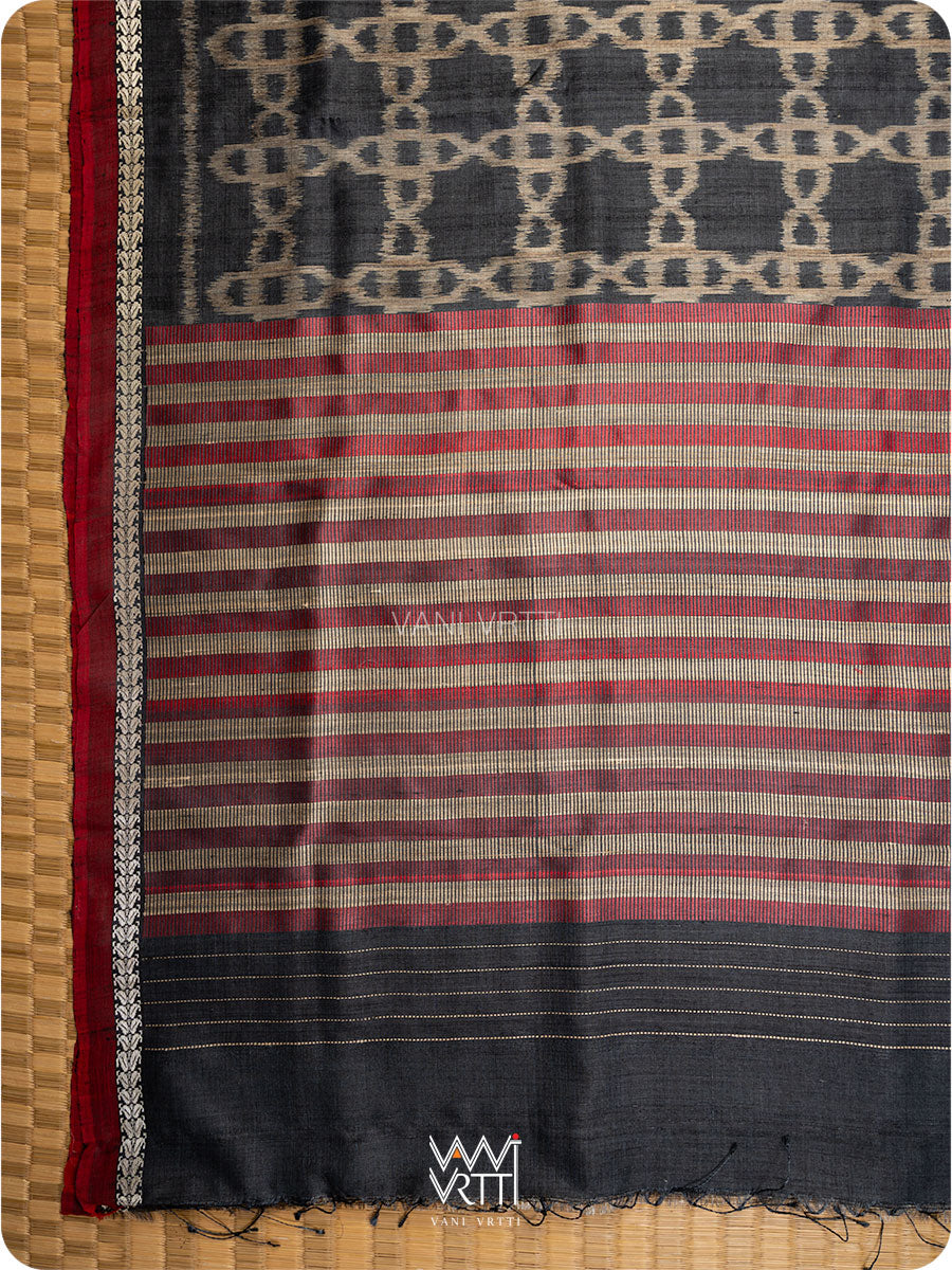 Black Mughal Jaal Ikat Handspun Tussar Silk Saree