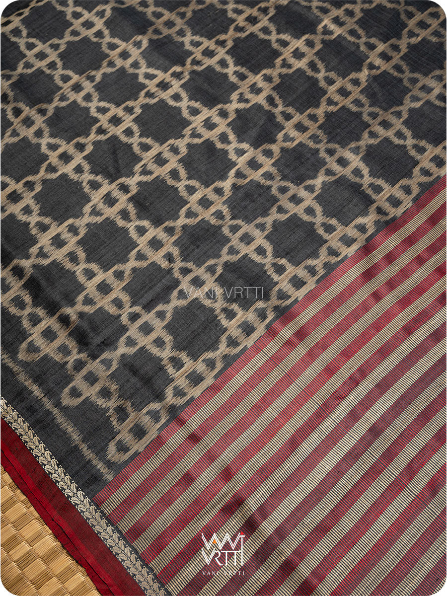 Black Mughal Jaal Ikat Handspun Tussar Silk Saree