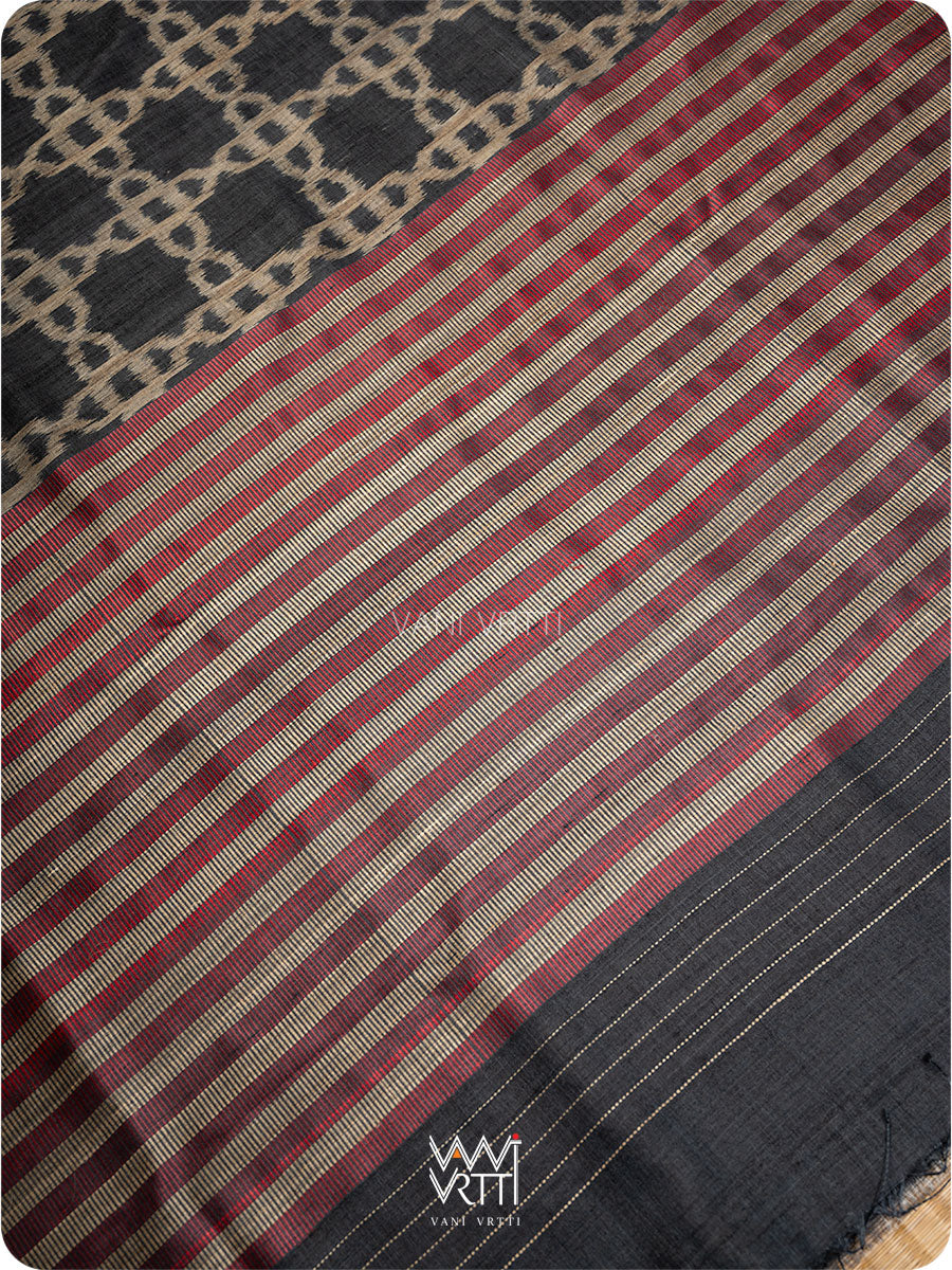 Black Mughal Jaal Ikat Handspun Tussar Silk Saree