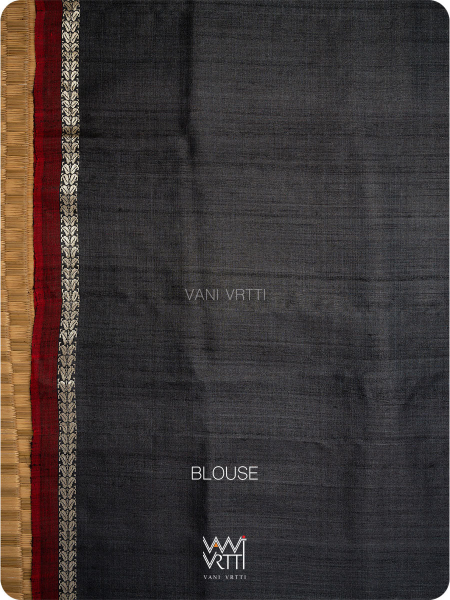Black Mughal Jaal Ikat Handspun Tussar Silk Saree