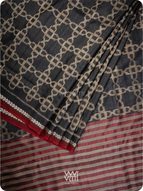 Black Mughal Jaal Ikat Handspun Tussar Silk Saree