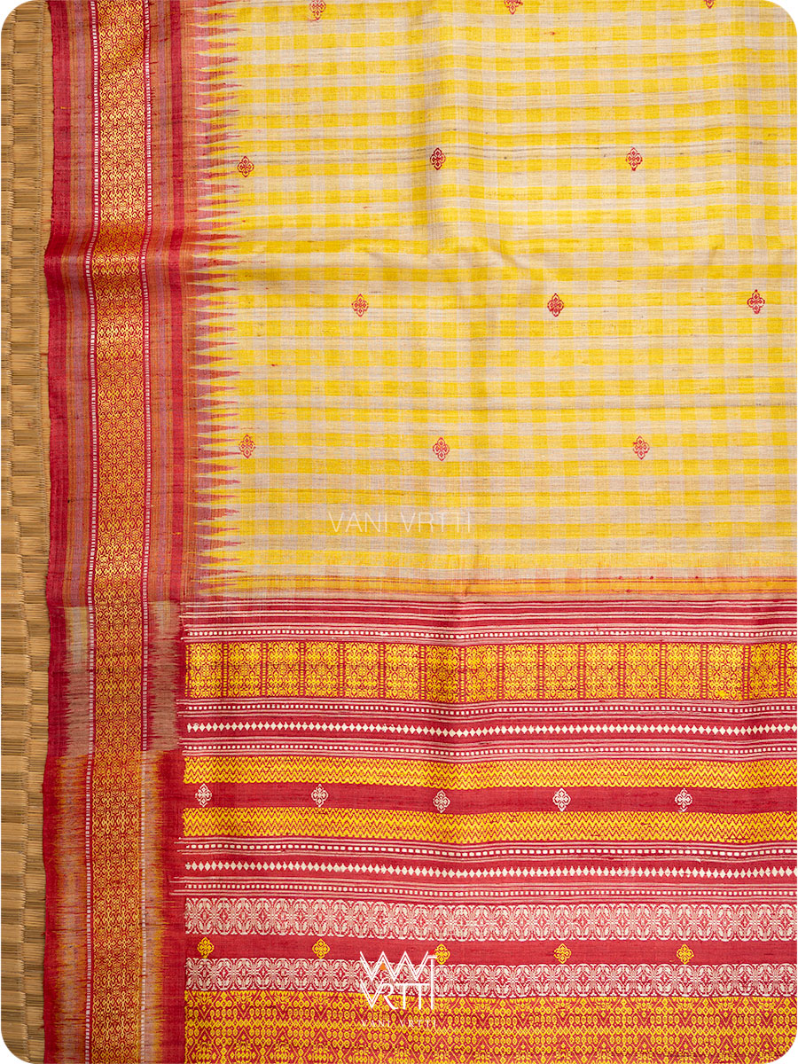 Off White Yellow Checks Kolam Red Exclusive Handspun Tussar Silk Saree