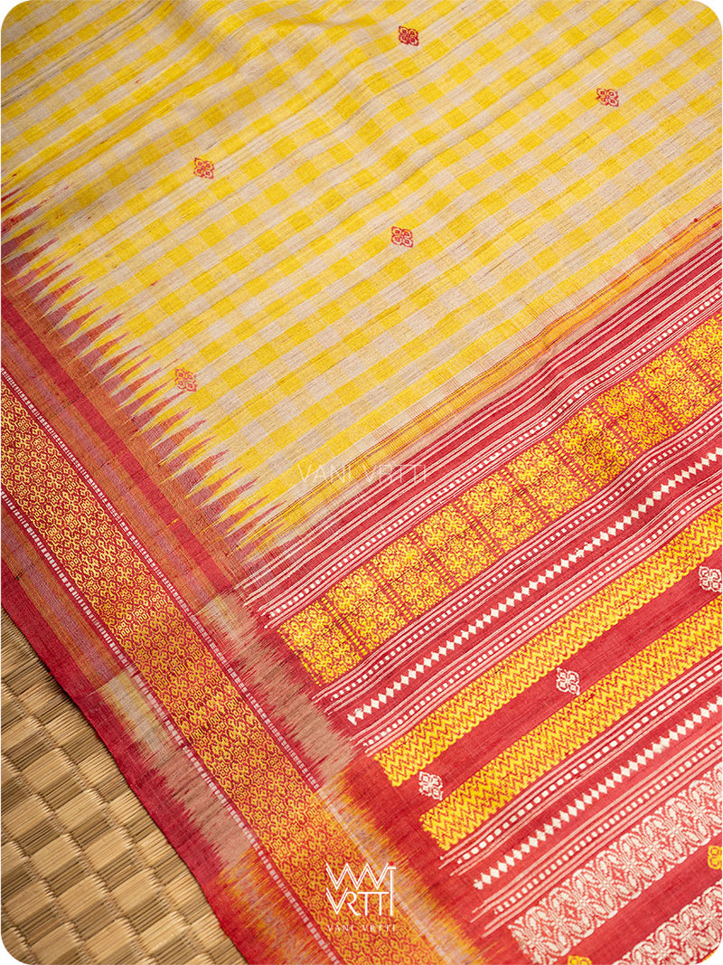 Off White Yellow Checks Kolam Red Exclusive Handspun Tussar Silk Saree
