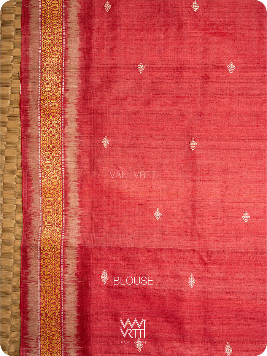 Off White Yellow Checks Kollam Red Exclusive Handspun Tussar Silk Saree
