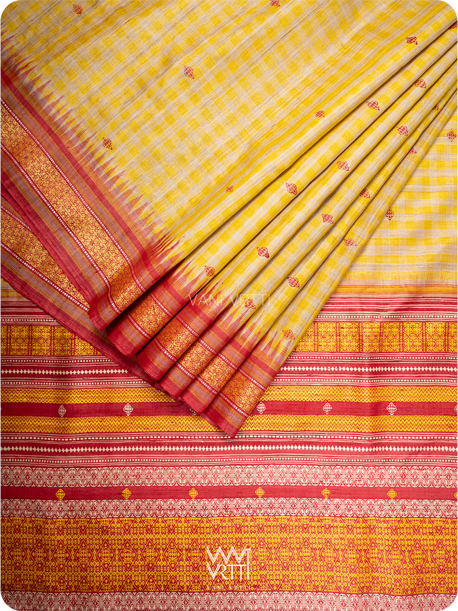 Off White Yellow Checks Kolam Red Exclusive Handspun Tussar Silk Saree