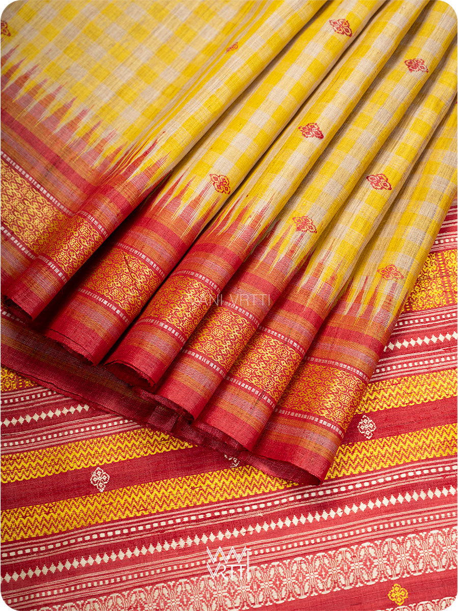 Off White Yellow Checks Kolam Red Exclusive Handspun Tussar Silk Saree