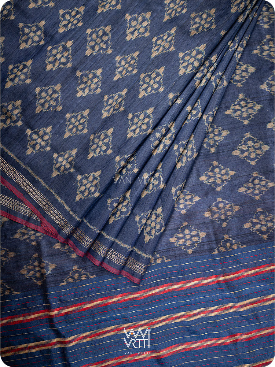 Ink Blue Nargis Ikat Handspun Tussar Silk Saree