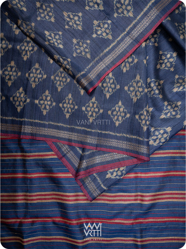 Ink Blue Nargis Ikat Handspun Tussar Silk Saree