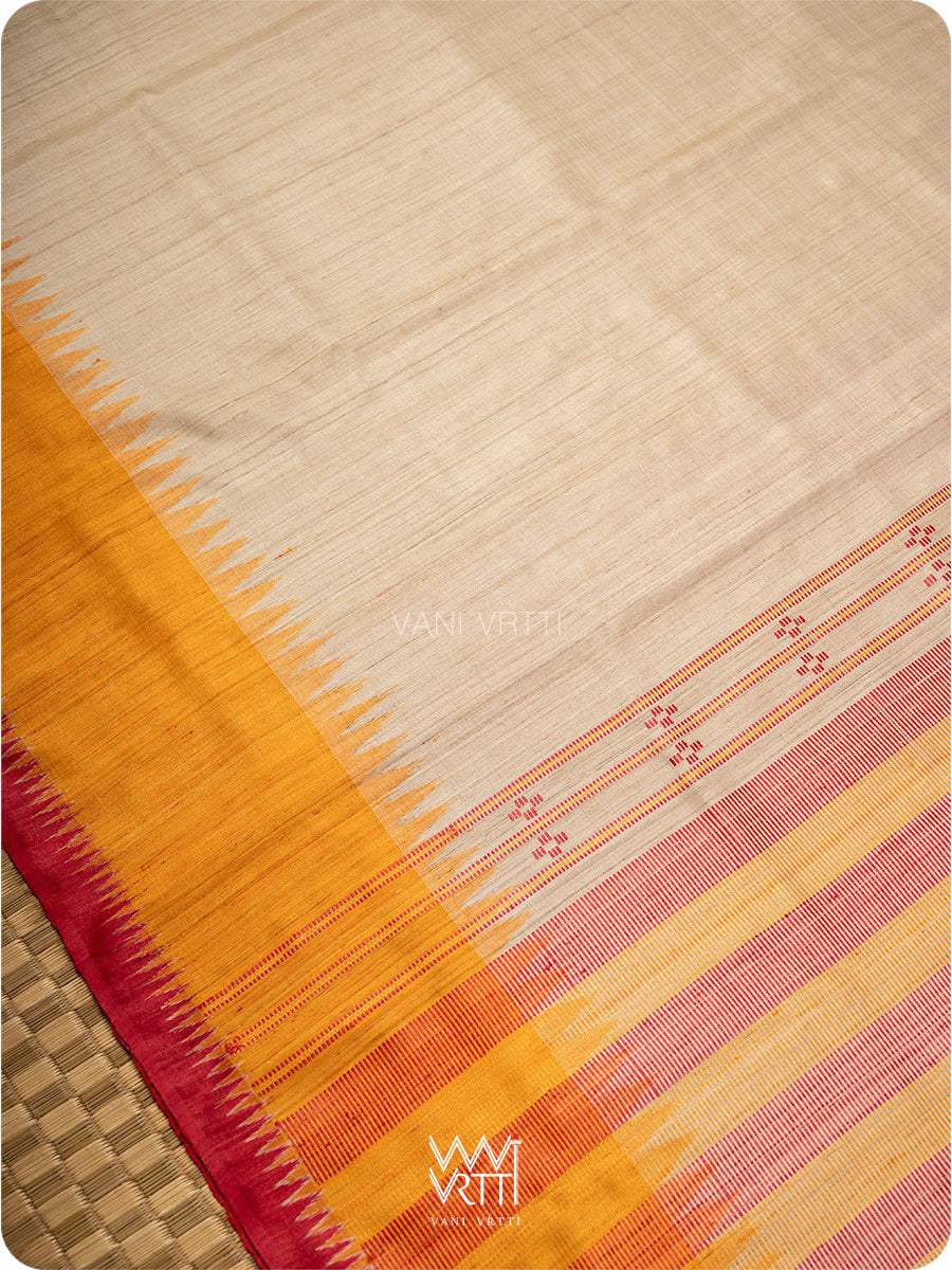 Off White Red Orange Sangam Bristi Handspun Tussar Silk Saree