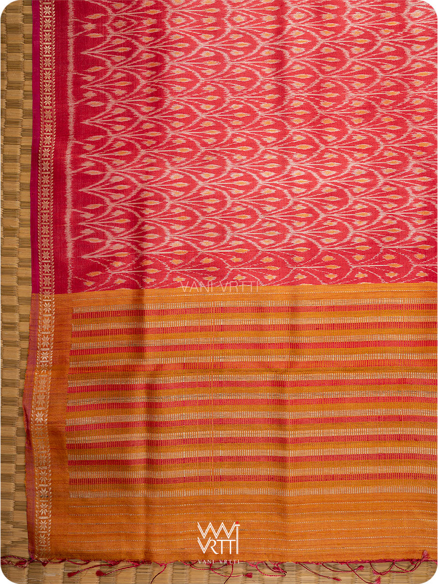 Red Iris Ikat Handspun Tussar Silk Saree