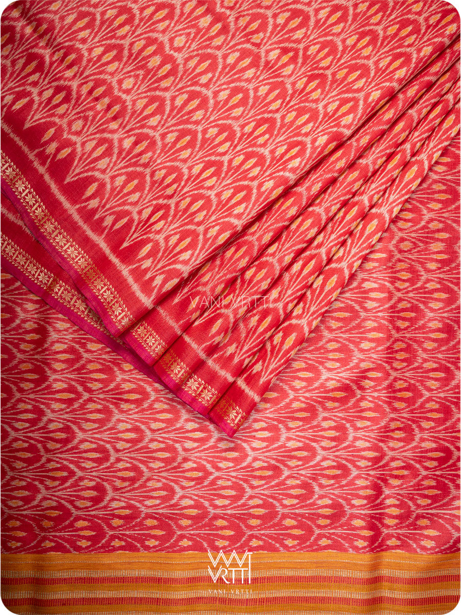 Red Iris Ikat Handspun Tussar Silk Saree