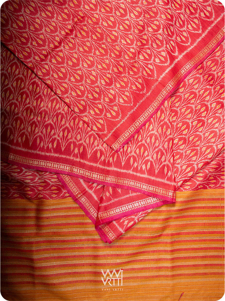 Red Iris Ikat Handspun Tussar Silk Saree