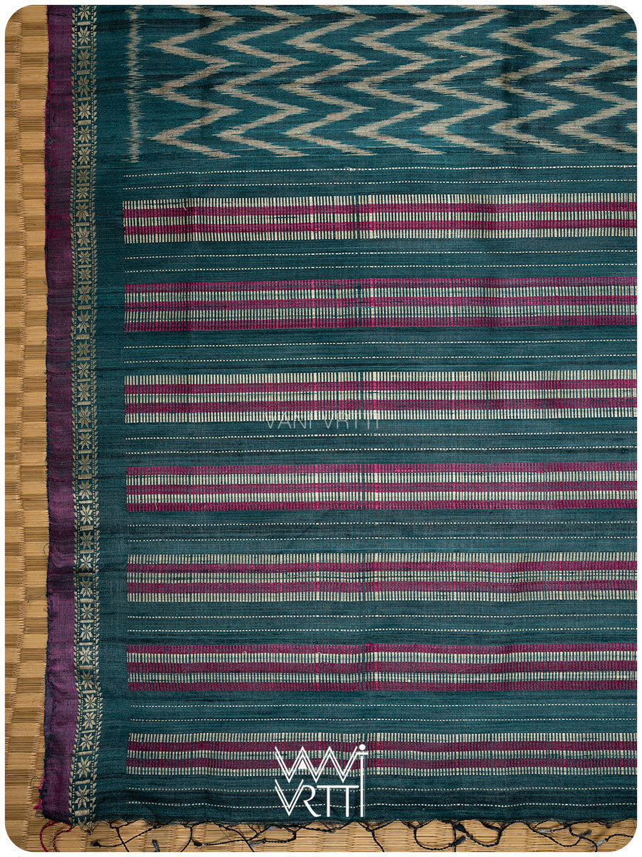 Deep Teal Aziz Ikat Handspun Tussar Silk Saree