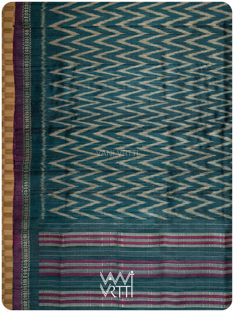Deep Teal Aziz Ikat Handspun Tussar Silk Saree