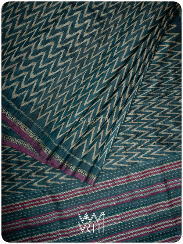 Deep Teal Aziz Ikat Handspun Tussar Silk Saree